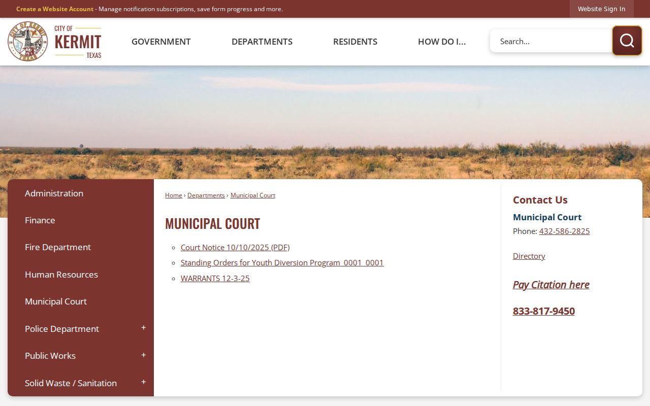 Winkler County active warrant publication link on Kermit's municipal court page