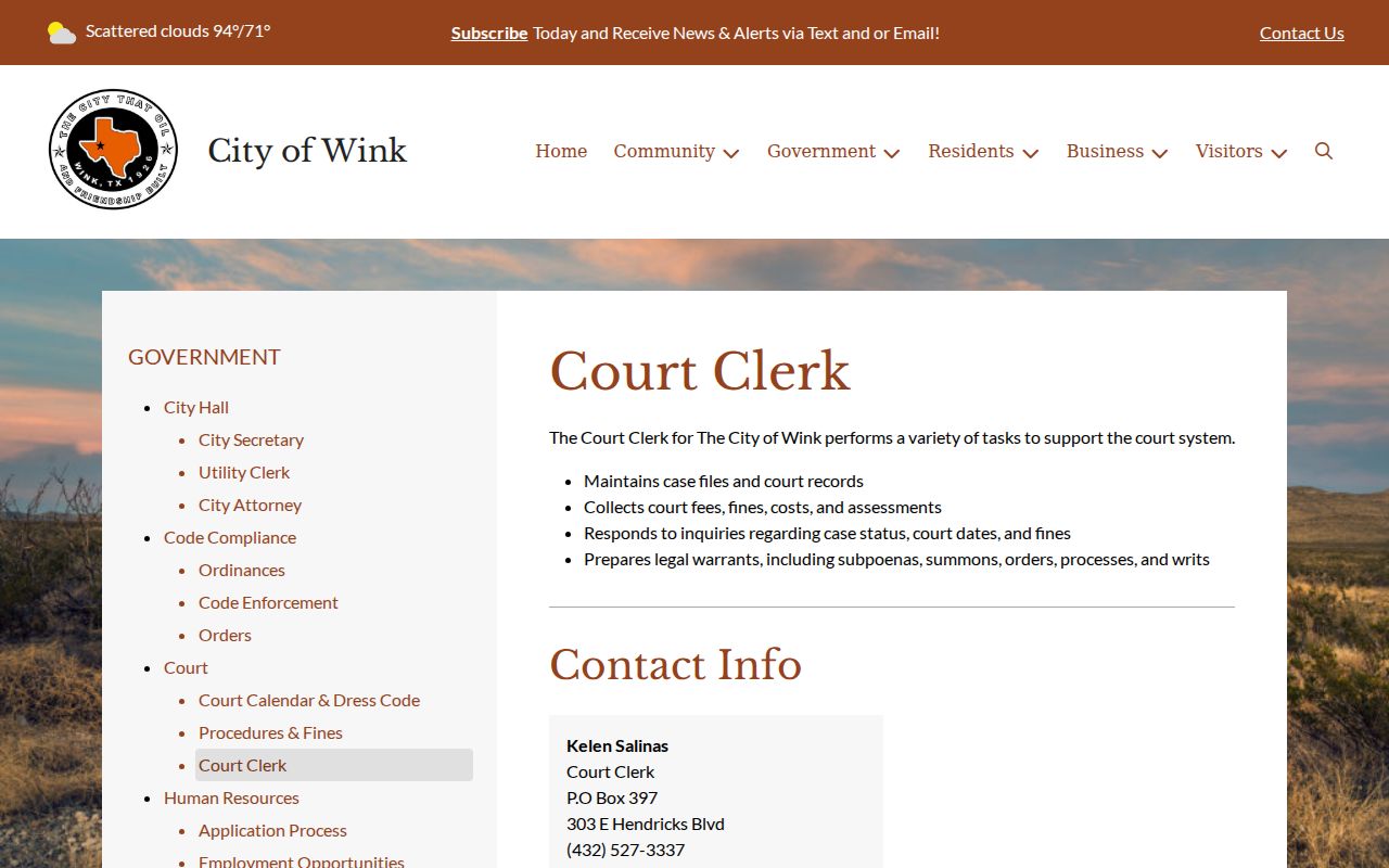 Winkler County municipal warrant preparation duties on Wink's clerk page