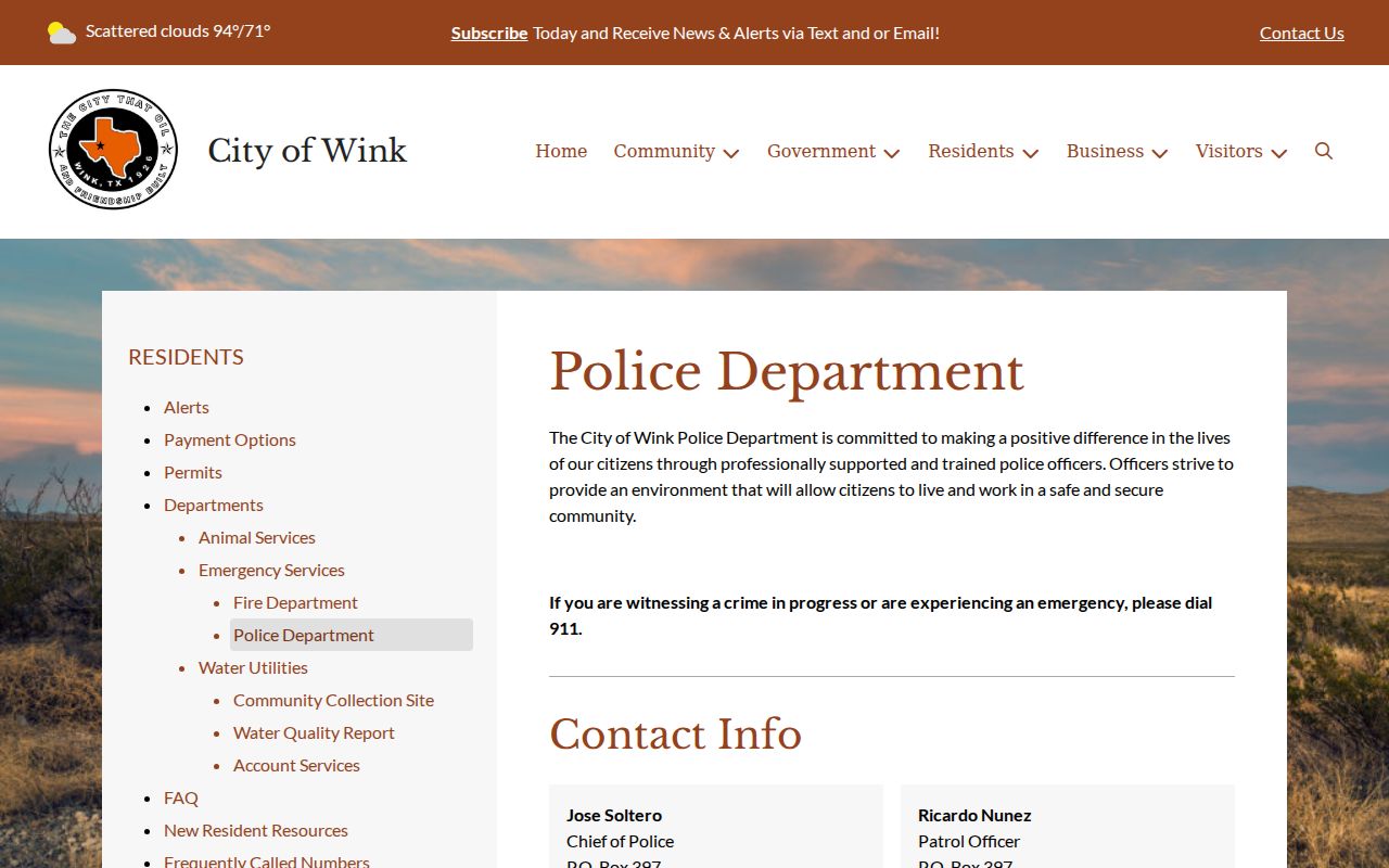 Winkler County Wink police contact page for municipal warrant questions